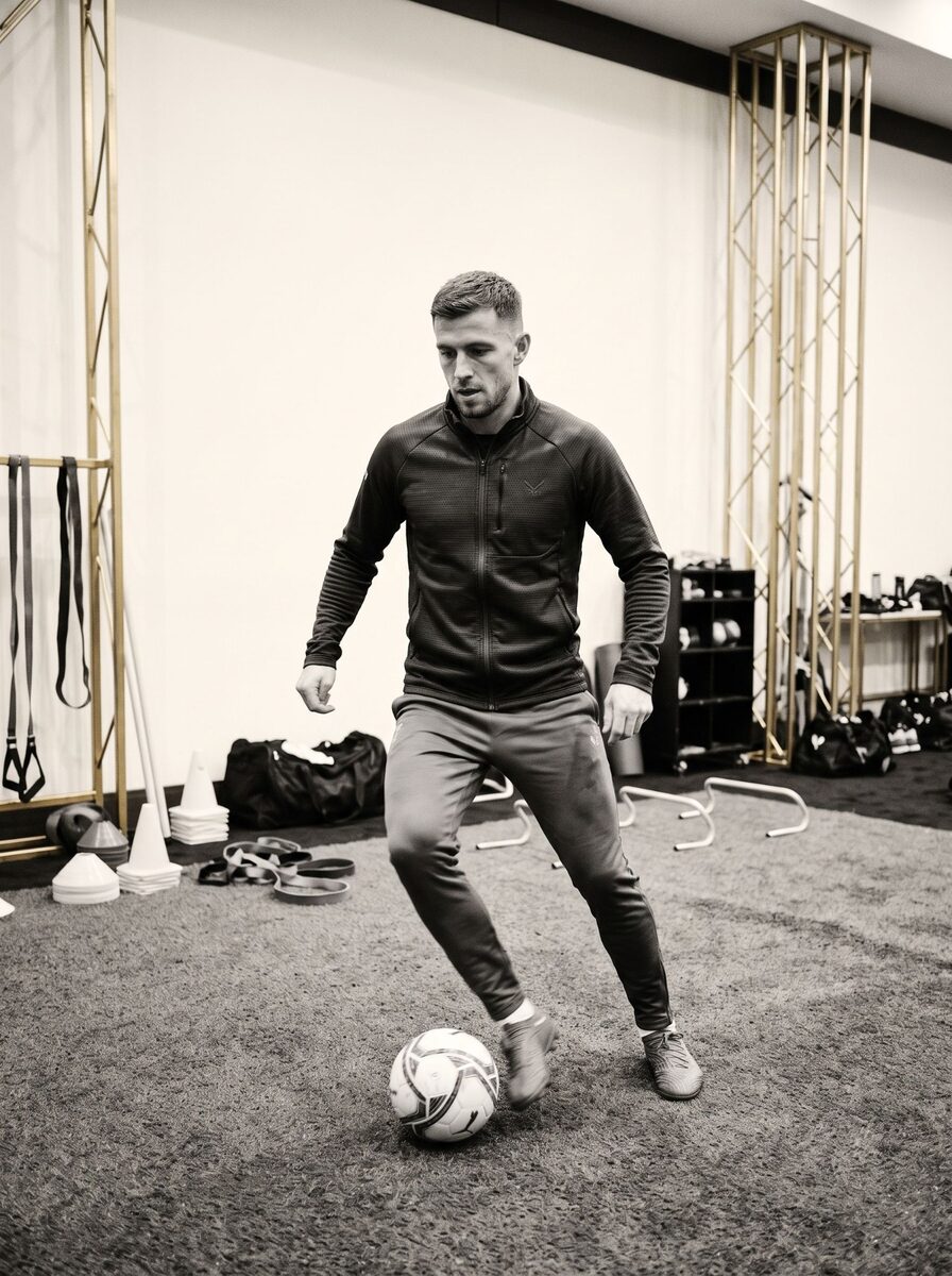 Football player in a training jacket dribbling a ball in an indoor training room