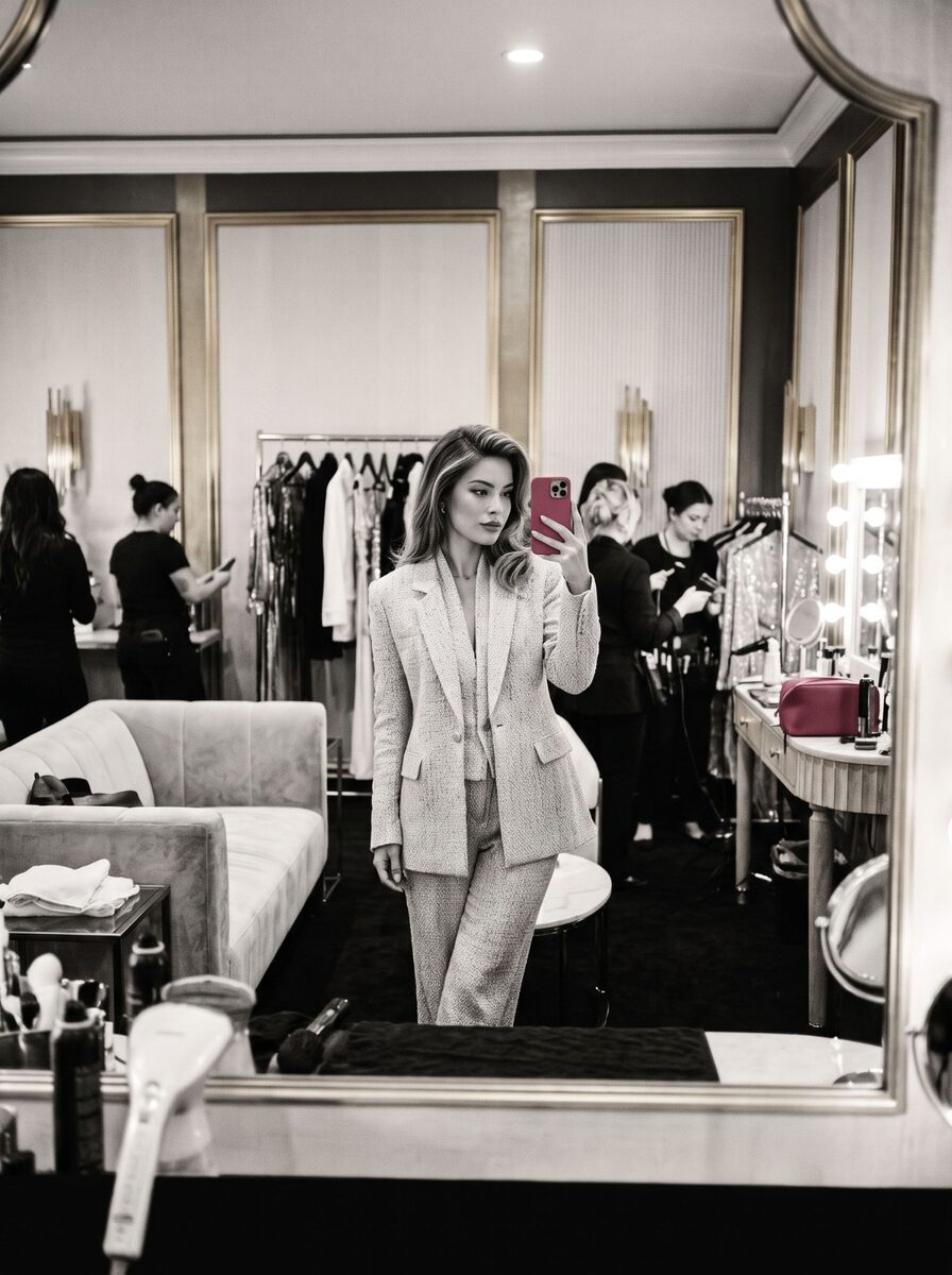 Influencer in a tweed suit taking a mirror selfie backstage